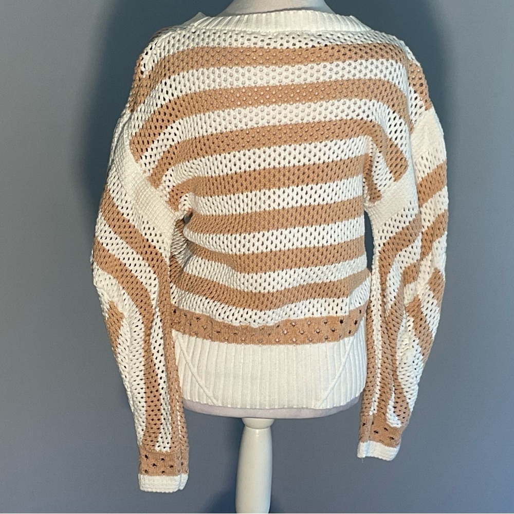 Elan Cozy Stripe Cotton Sweater XL Neutral Boho Chunky Knit Pullover - Picture 6 of 16